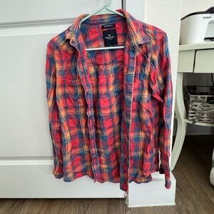 American Eagle Outfitters Red, Blue & Orange Plaid Boyfriend Shirt